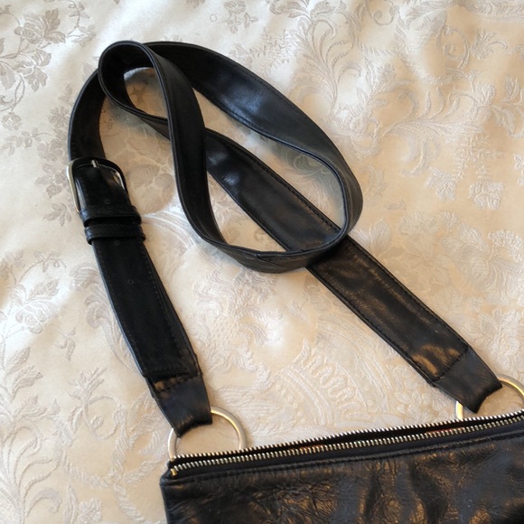 JOANEL BLACK LEATHER STUDDED CROSS BODY WIDE STAP MULTI POCKETS & ZIPPERS - #181 - Picture 8 of 16